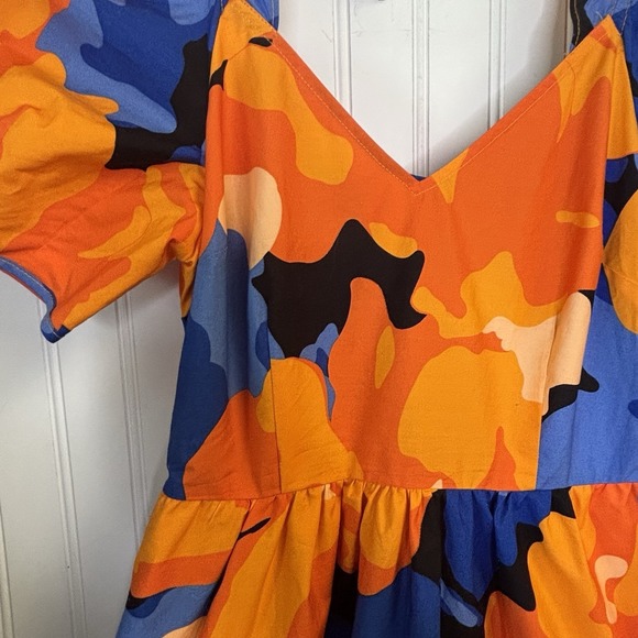 Tabitha Brown Dress 2  Midi Blue Orange Tropical Abstract Floral Pocket - Picture 4 of 11